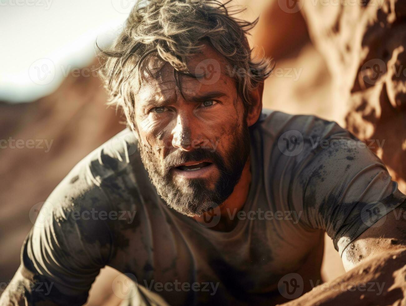 Determined man climbs a steep mountain trail AI Generative photo