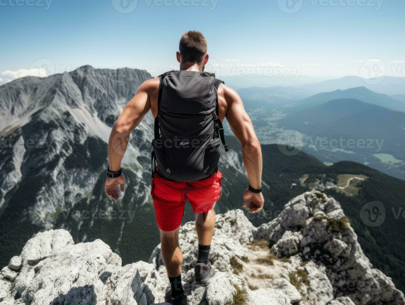 Determined man climbs a steep mountain trail AI Generative photo