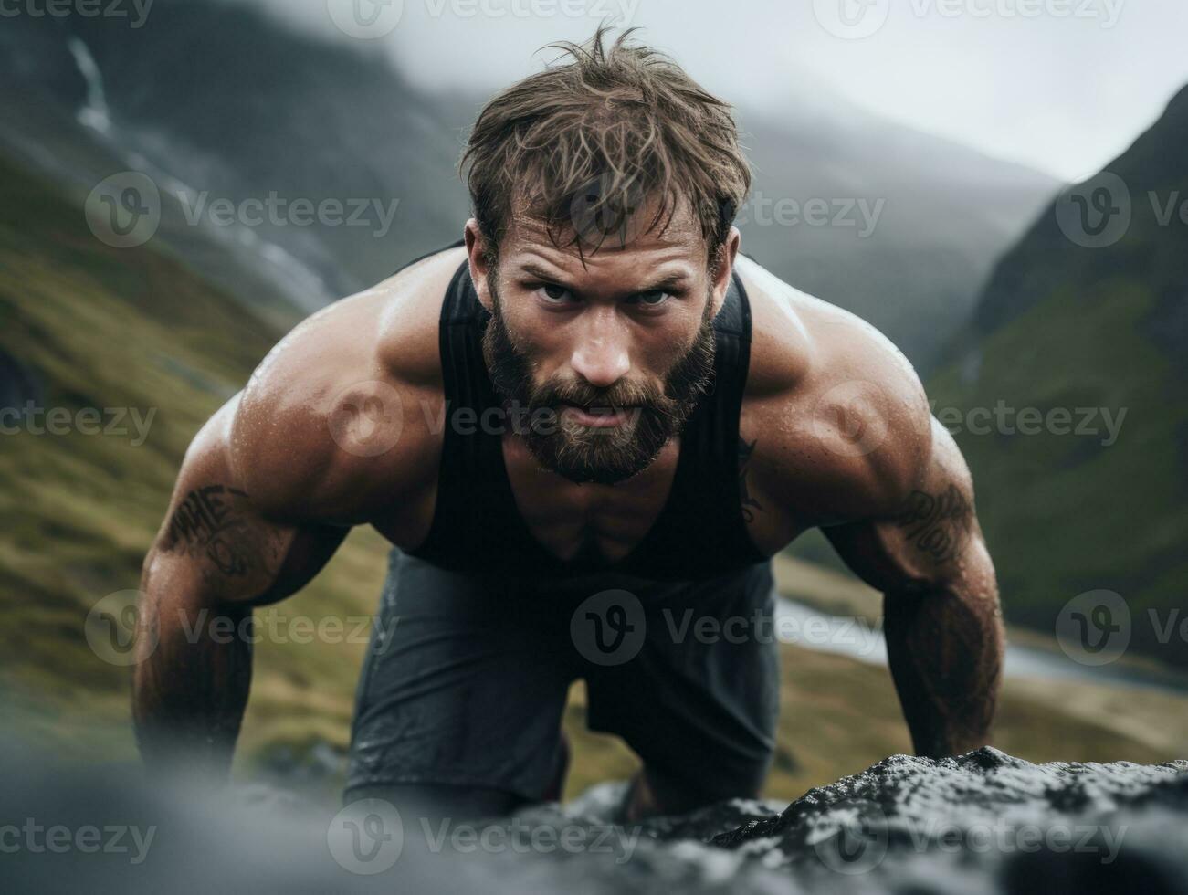 determinado hombre sube un escarpado montaña sendero ai generativo foto