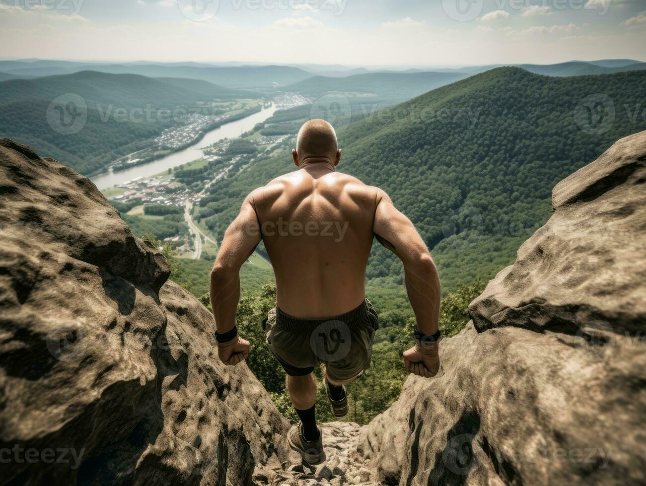 Determined man climbs a steep mountain trail AI Generative photo