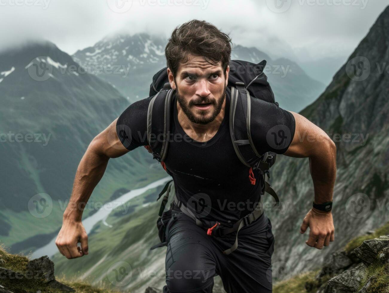 Determined man climbs a steep mountain trail AI Generative photo