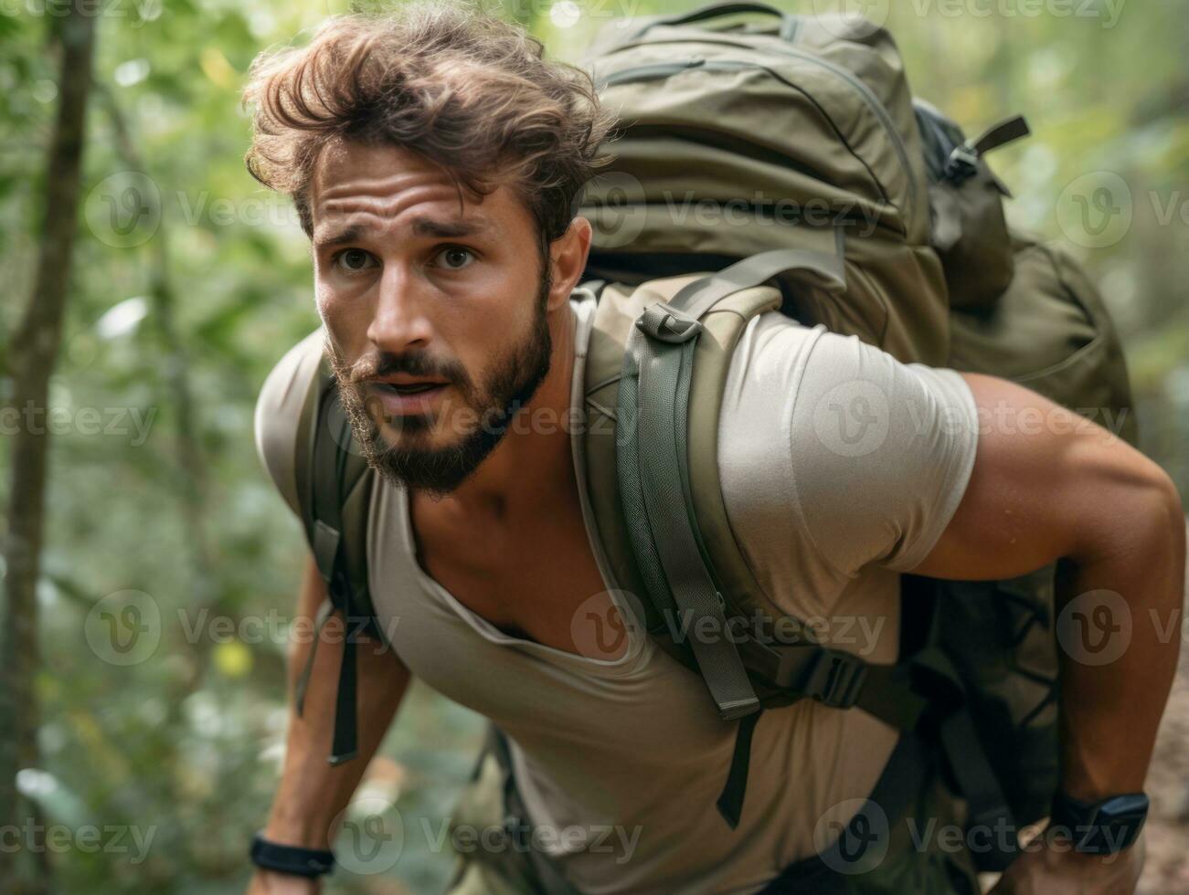 Determined man climbs a steep mountain trail AI Generative photo