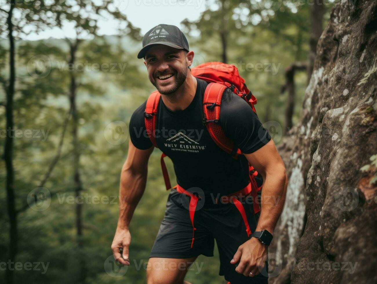 Determined man climbs a steep mountain trail AI Generative photo