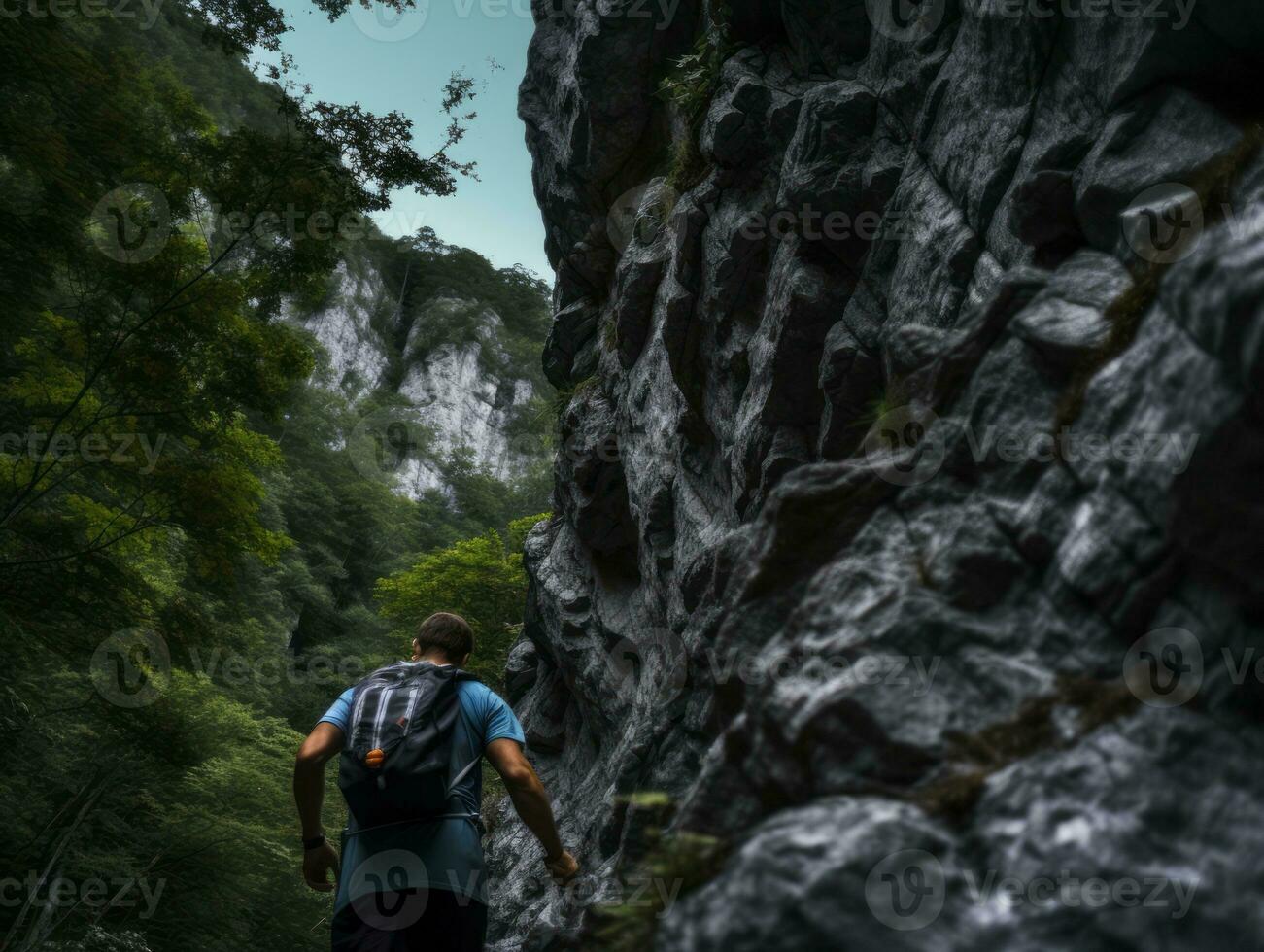 Determined man climbs a steep mountain trail AI Generative photo