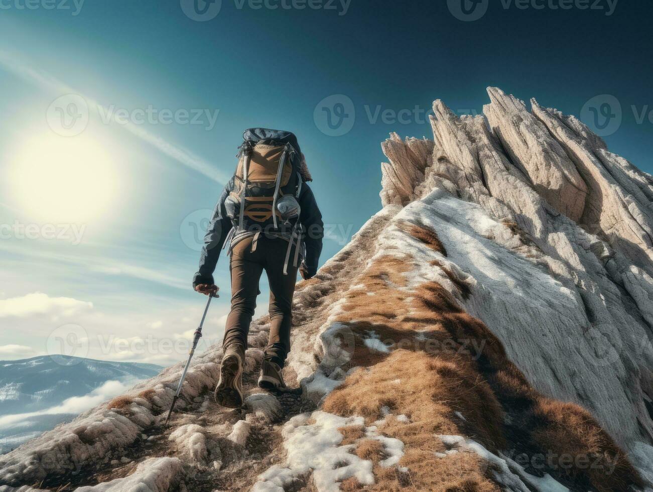 Determined man climbs a steep mountain trail AI Generative photo