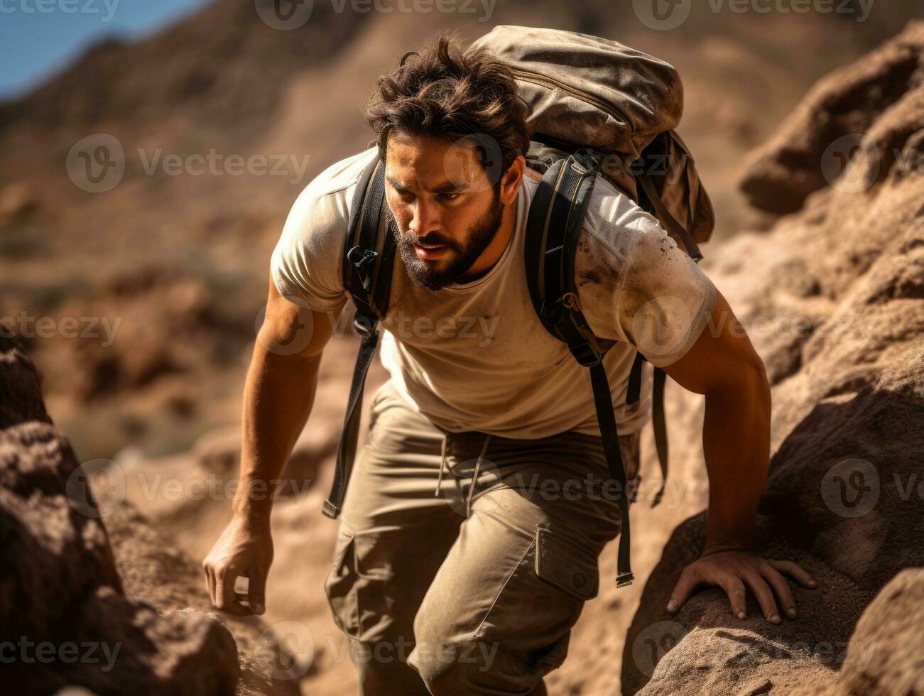 Determined man climbs a steep mountain trail AI Generative photo