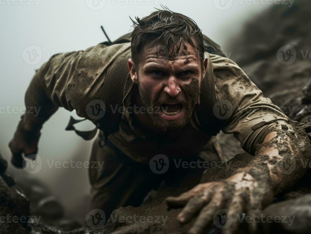 Determined man climbs a steep mountain trail AI Generative photo