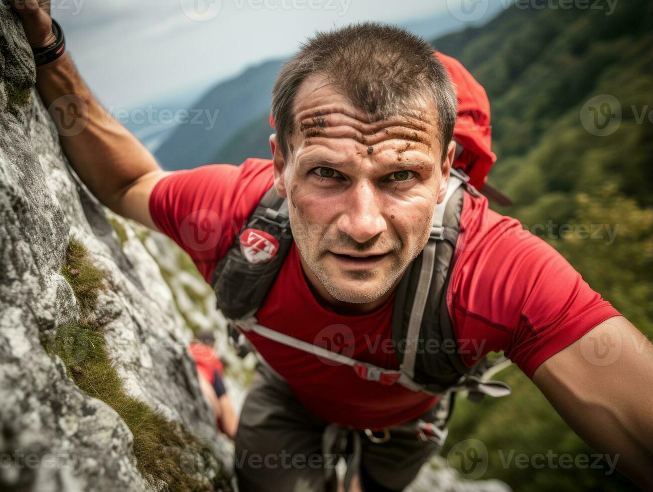 Determined man climbs a steep mountain trail AI Generative photo