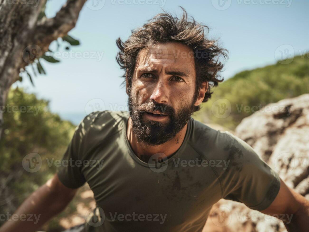 Determined man climbs a steep mountain trail AI Generative photo