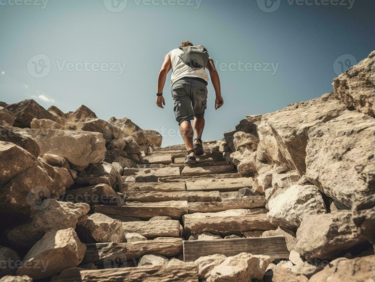 Determined man climbs a steep mountain trail AI Generative photo