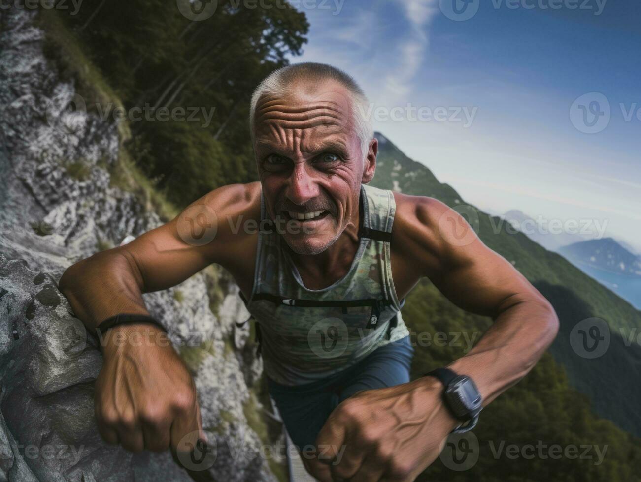 Determined man climbs a steep mountain trail AI Generative photo