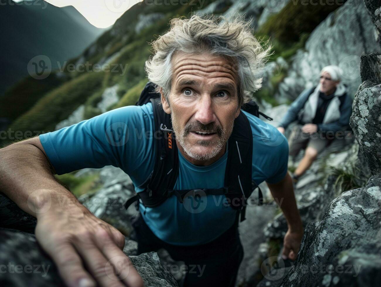 Determined man climbs a steep mountain trail AI Generative photo