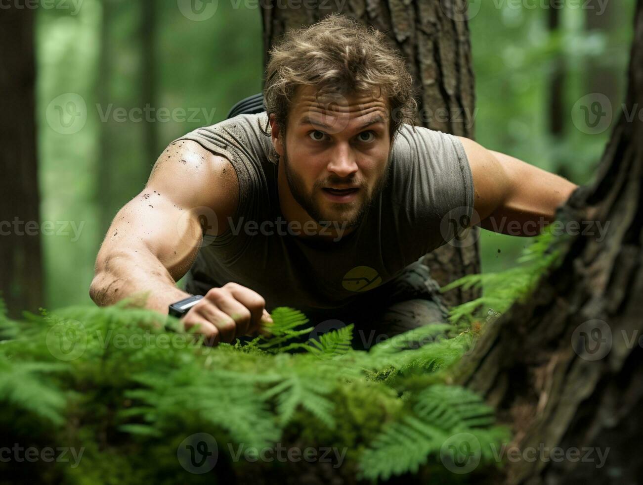 Determined man climbs a steep mountain trail AI Generative photo