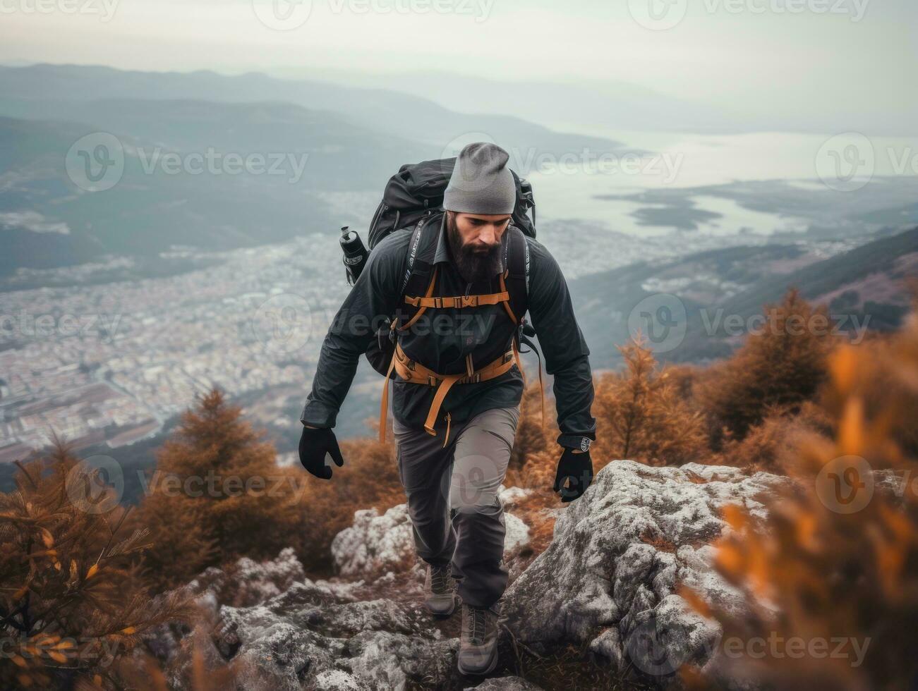Determined man climbs a steep mountain trail AI Generative photo