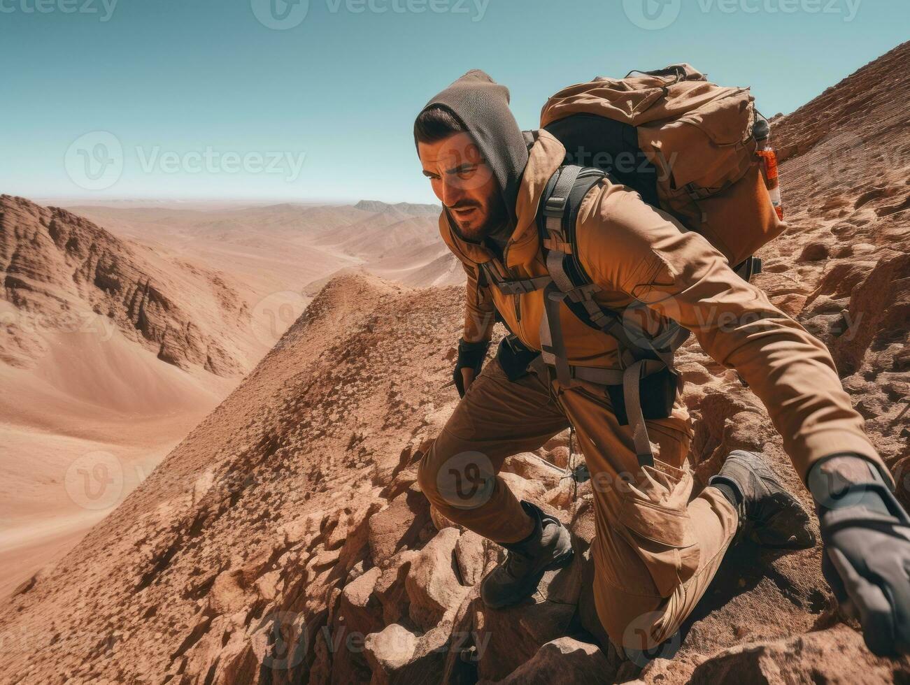 Determined man climbs a steep mountain trail AI Generative photo