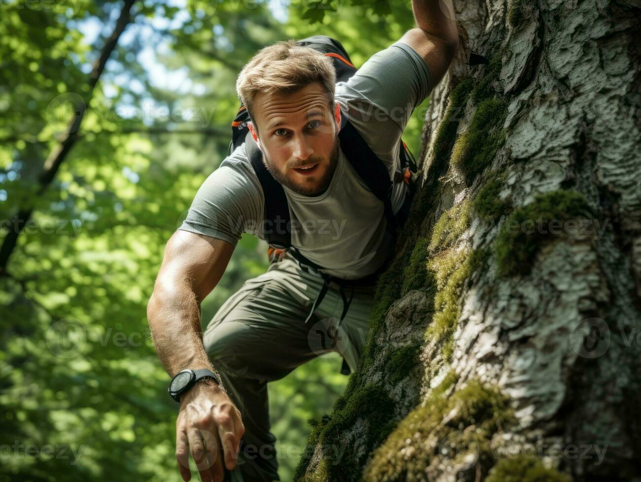 Determined man climbs a steep mountain trail AI Generative photo