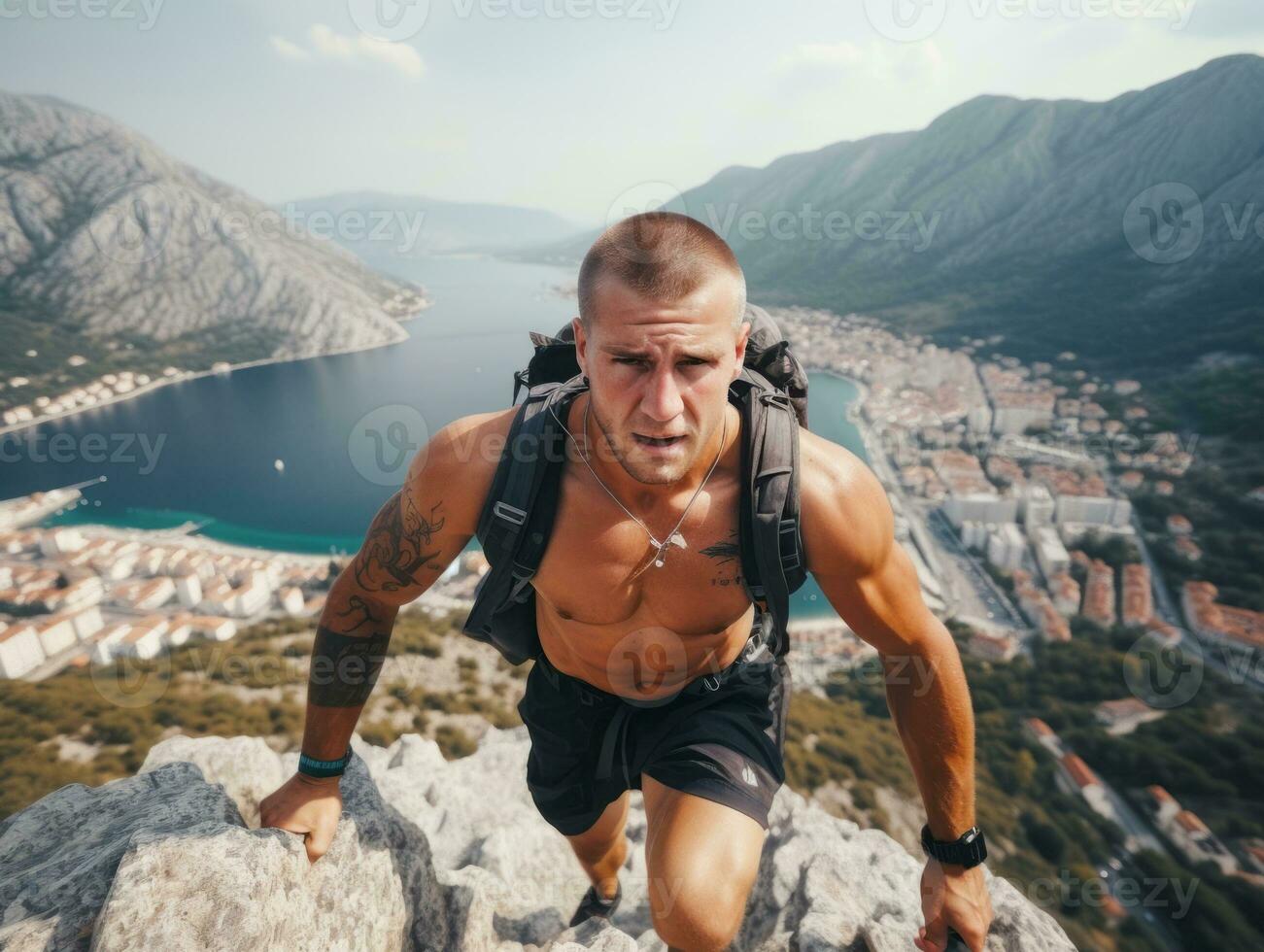 determinado hombre sube un escarpado montaña sendero ai generativo foto