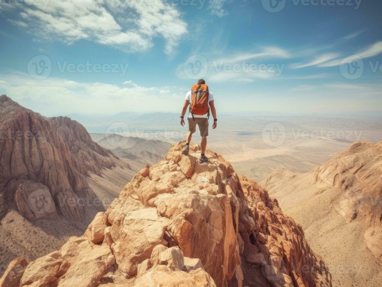 Determined man climbs a steep mountain trail AI Generative photo