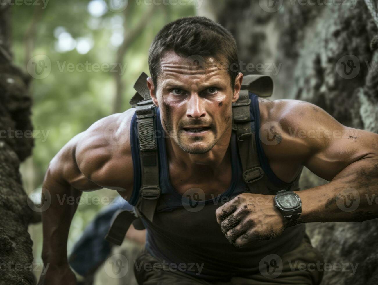 Determined man climbs a steep mountain trail AI Generative photo