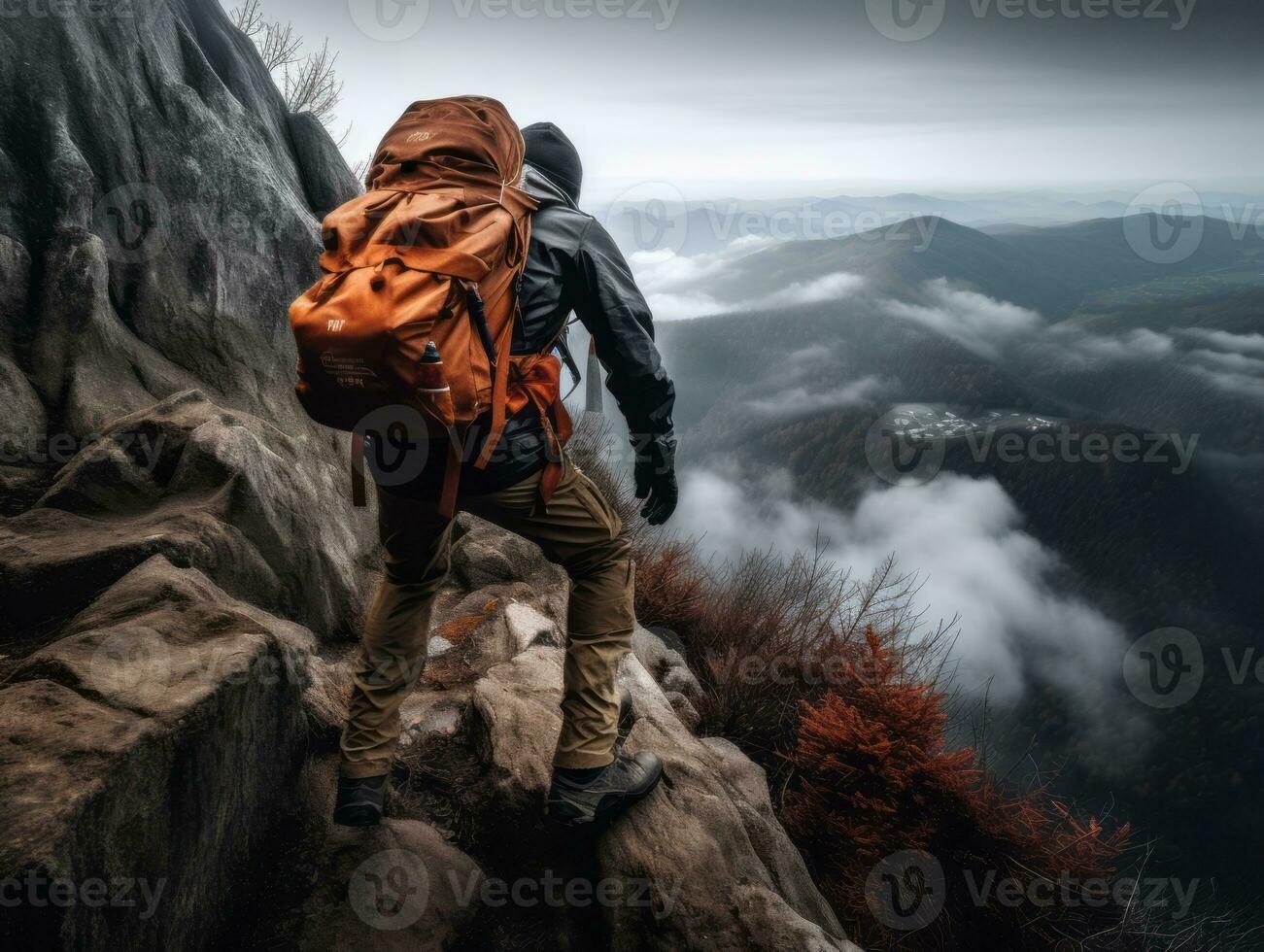 Determined man climbs a steep mountain trail AI Generative photo