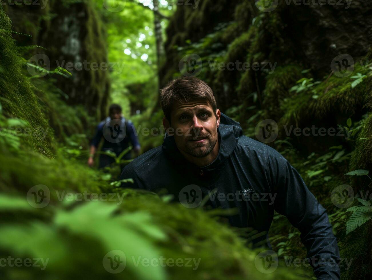 Determined man climbs a steep mountain trail AI Generative photo