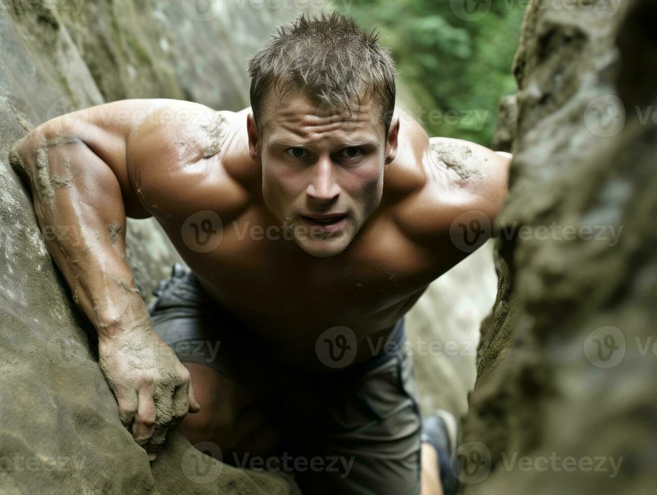 determinado hombre sube un escarpado montaña sendero ai generativo foto