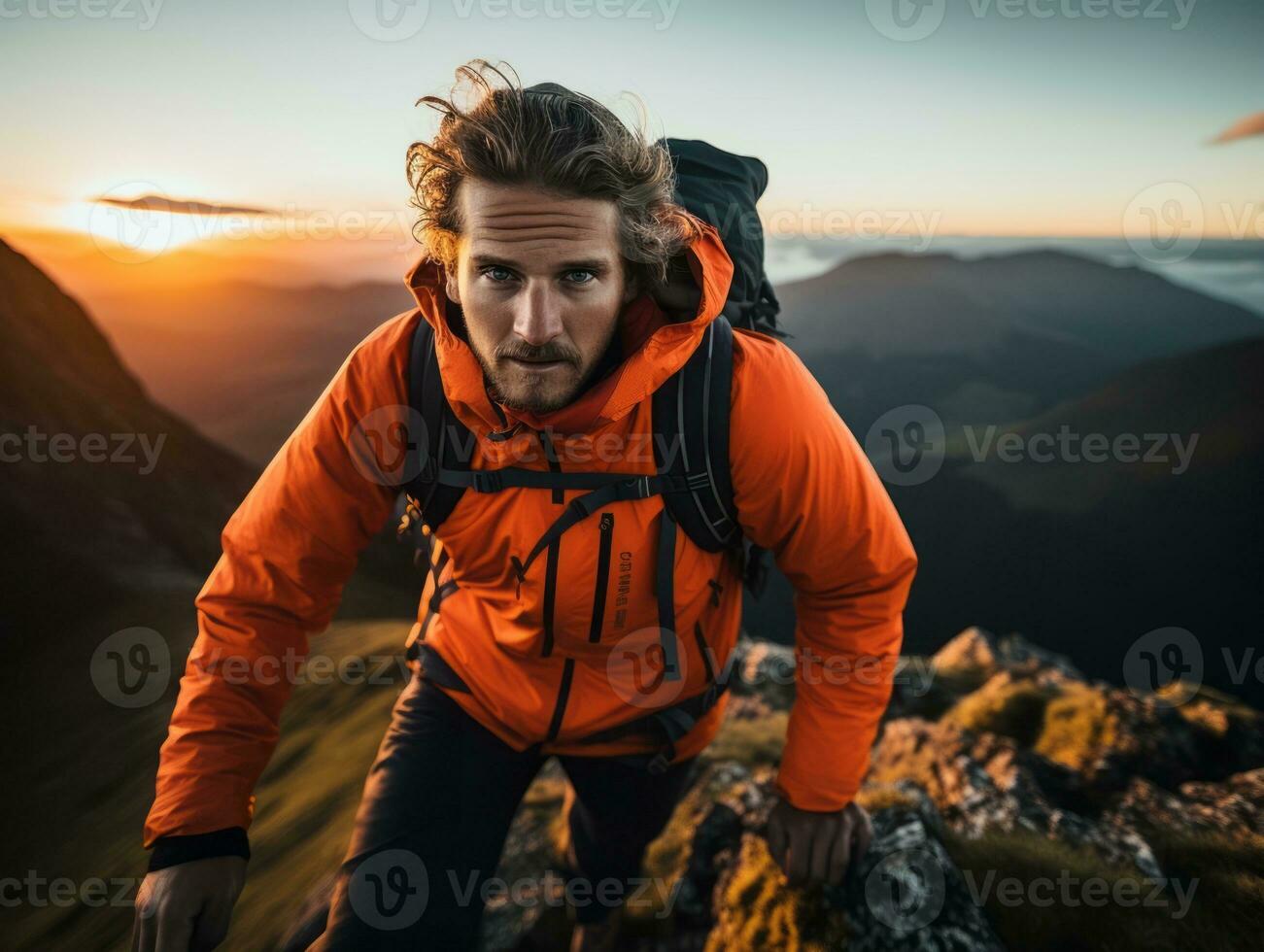 Determined man climbs a steep mountain trail AI Generative photo