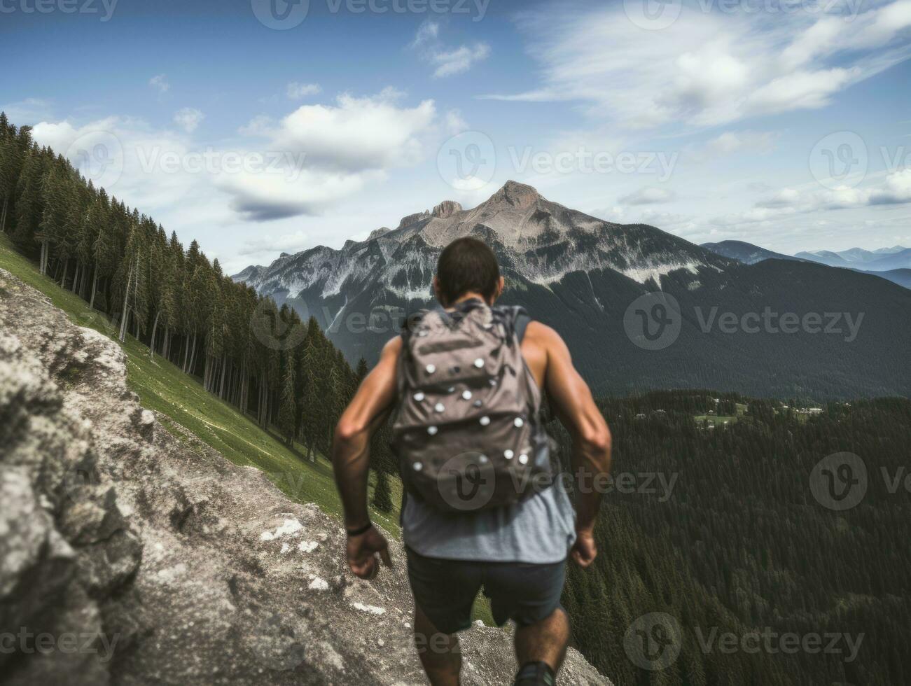 Determined man climbs a steep mountain trail AI Generative photo