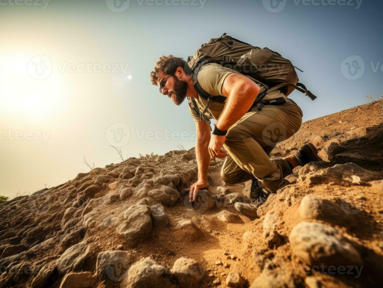 Determined man climbs a steep mountain trail AI Generative photo