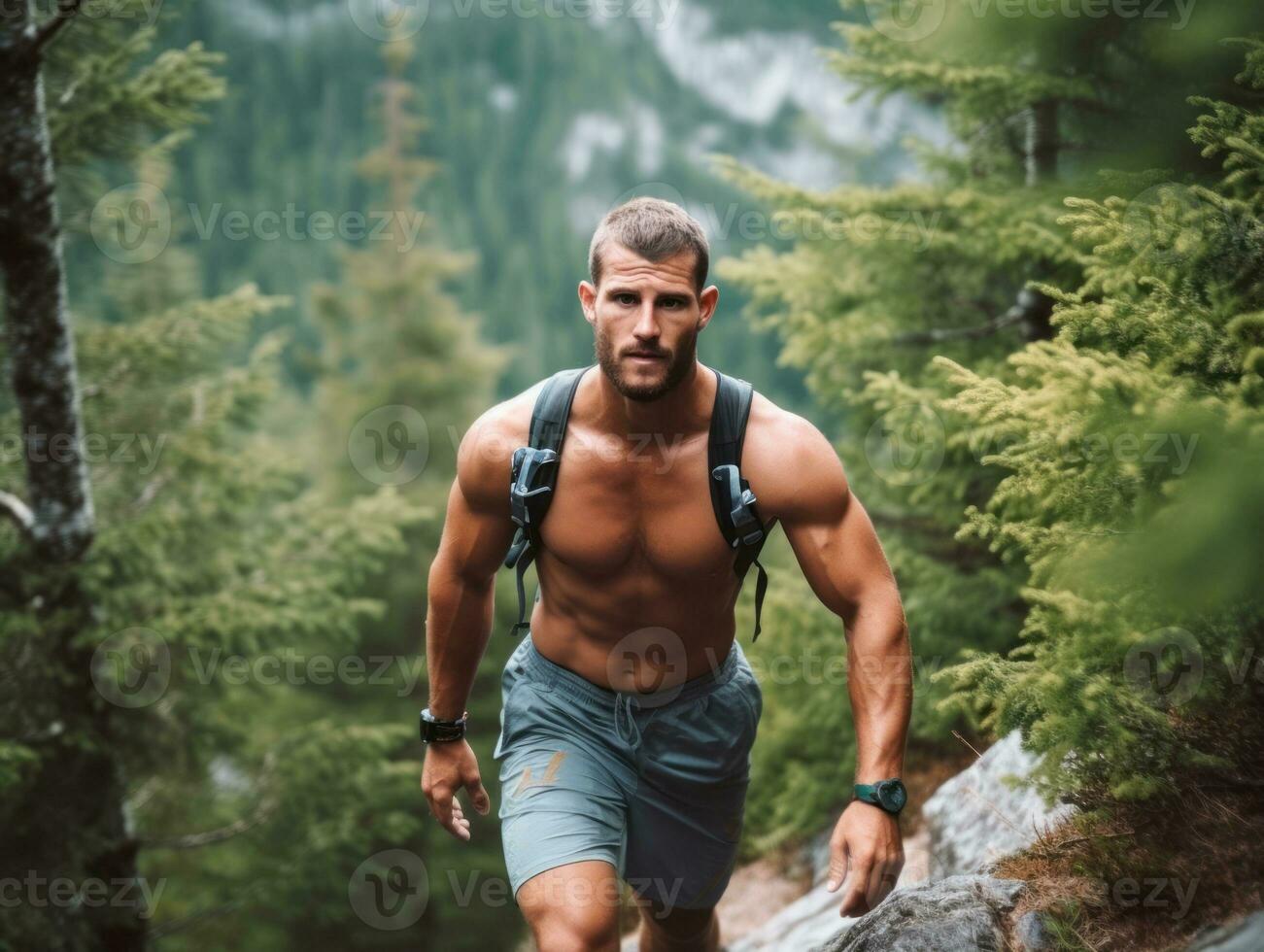Determined man climbs a steep mountain trail AI Generative photo