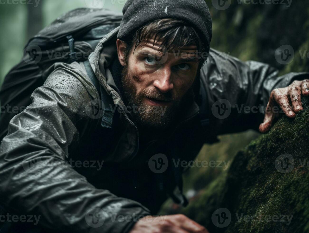 Determined man climbs a steep mountain trail AI Generative photo