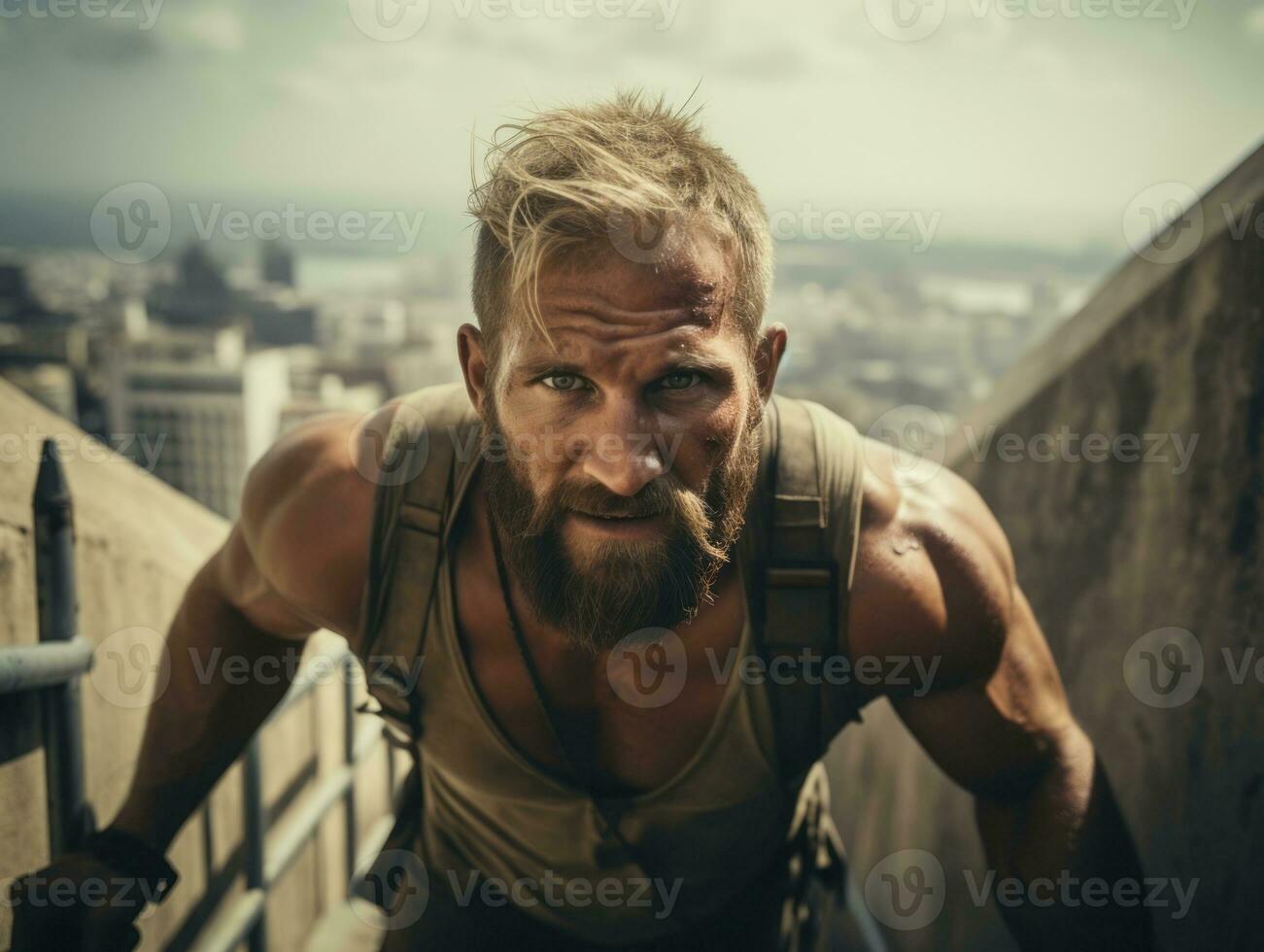 determinado hombre sube un escarpado montaña sendero ai generativo foto