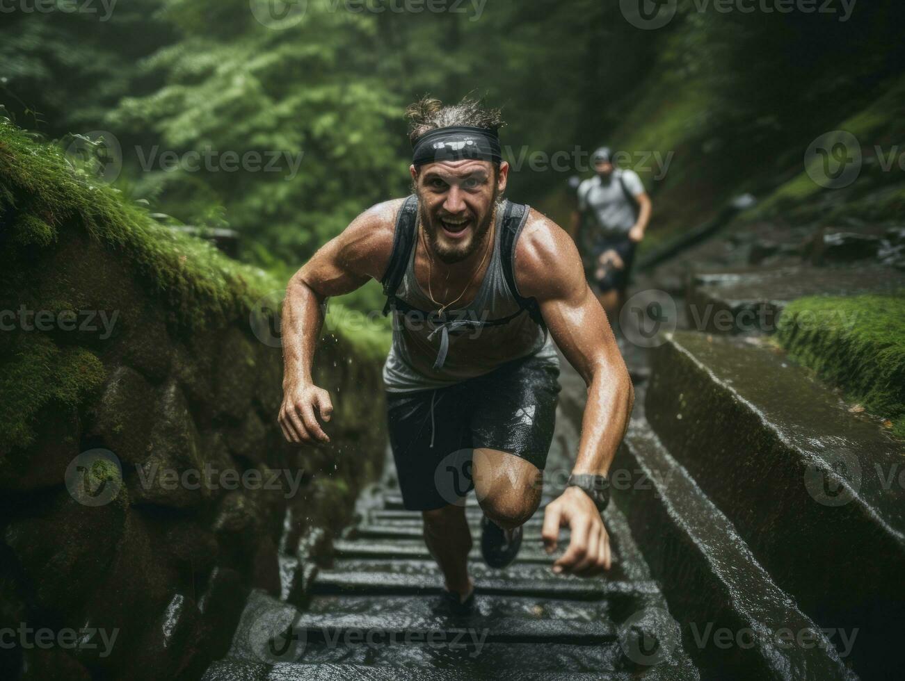 Determined man climbs a steep mountain trail AI Generative photo