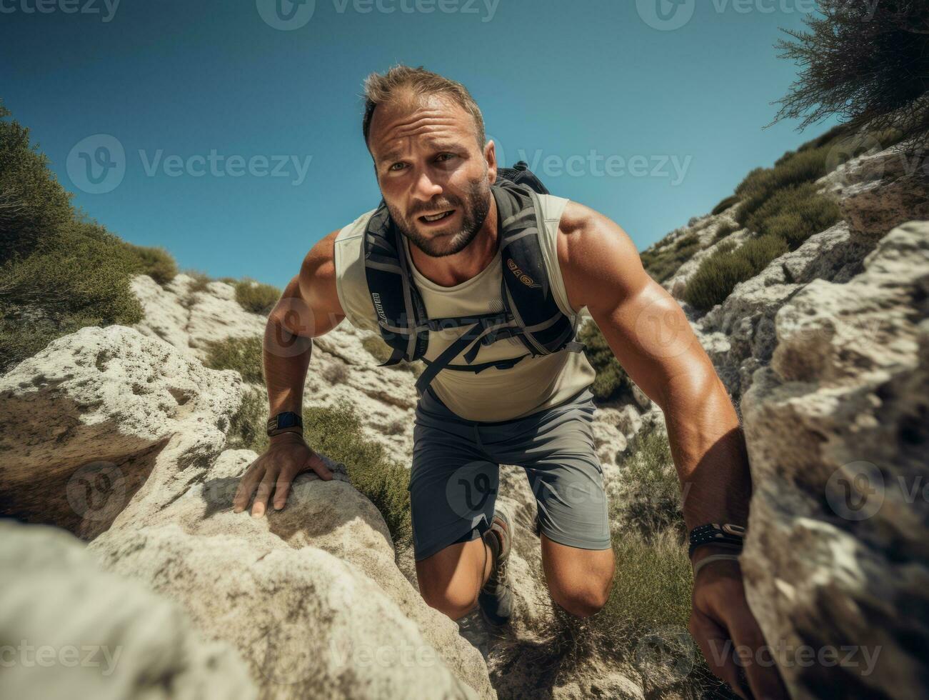 Determined man climbs a steep mountain trail AI Generative photo