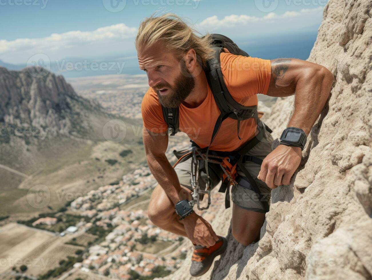 Determined man climbs a steep mountain trail AI Generative photo