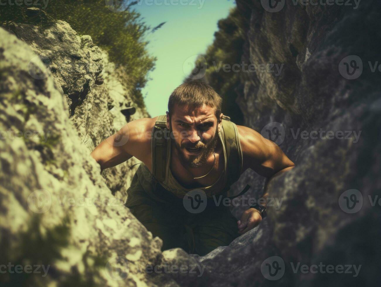 Determined man climbs a steep mountain trail AI Generative photo