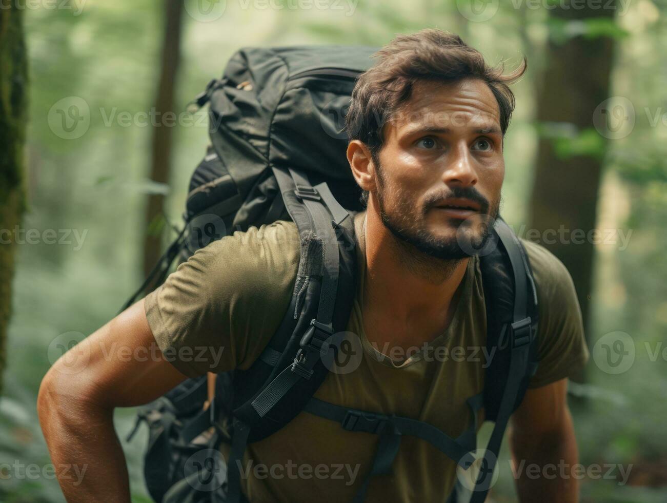 Determined man climbs a steep mountain trail AI Generative photo