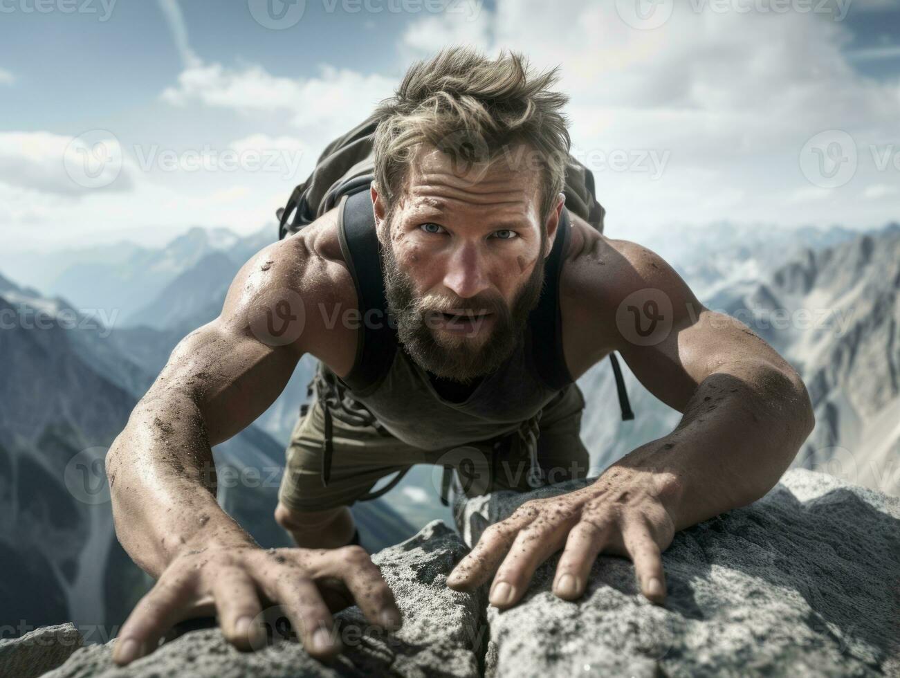 Determined man climbs a steep mountain trail AI Generative photo