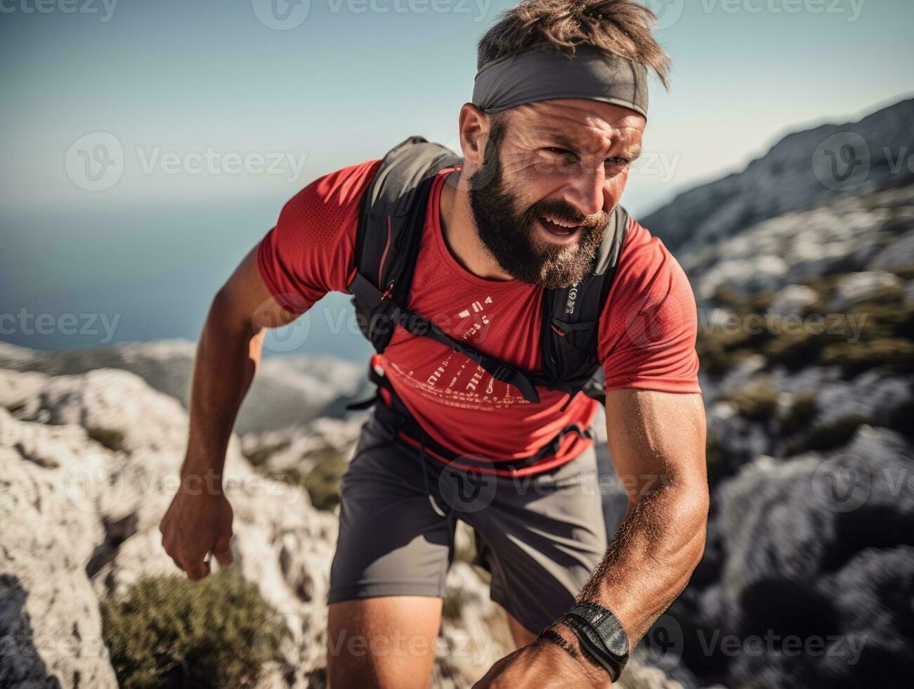 Determined man climbs a steep mountain trail AI Generative photo