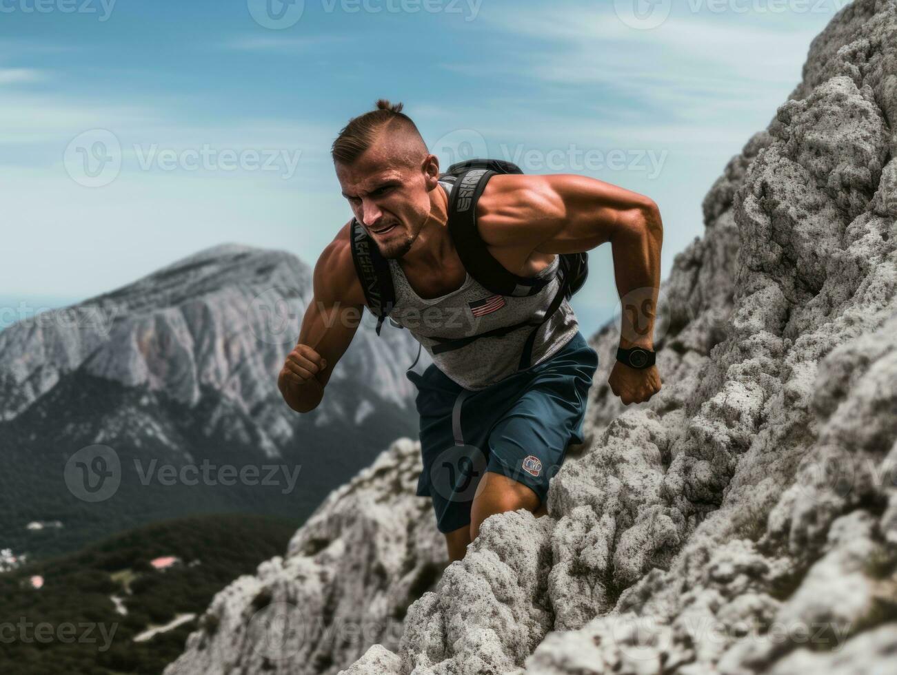 Determined man climbs a steep mountain trail AI Generative photo