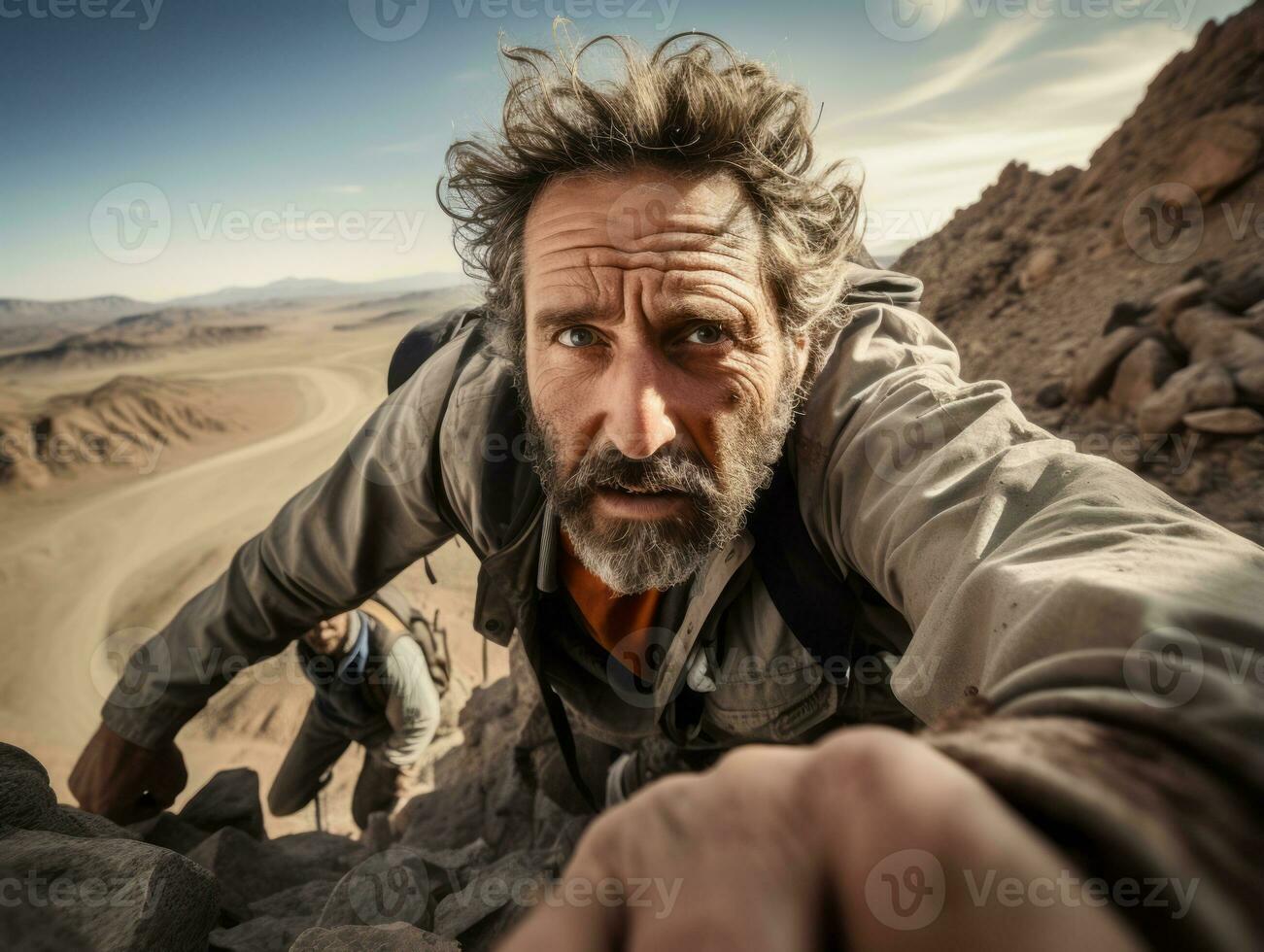 Determined man climbs a steep mountain trail AI Generative photo