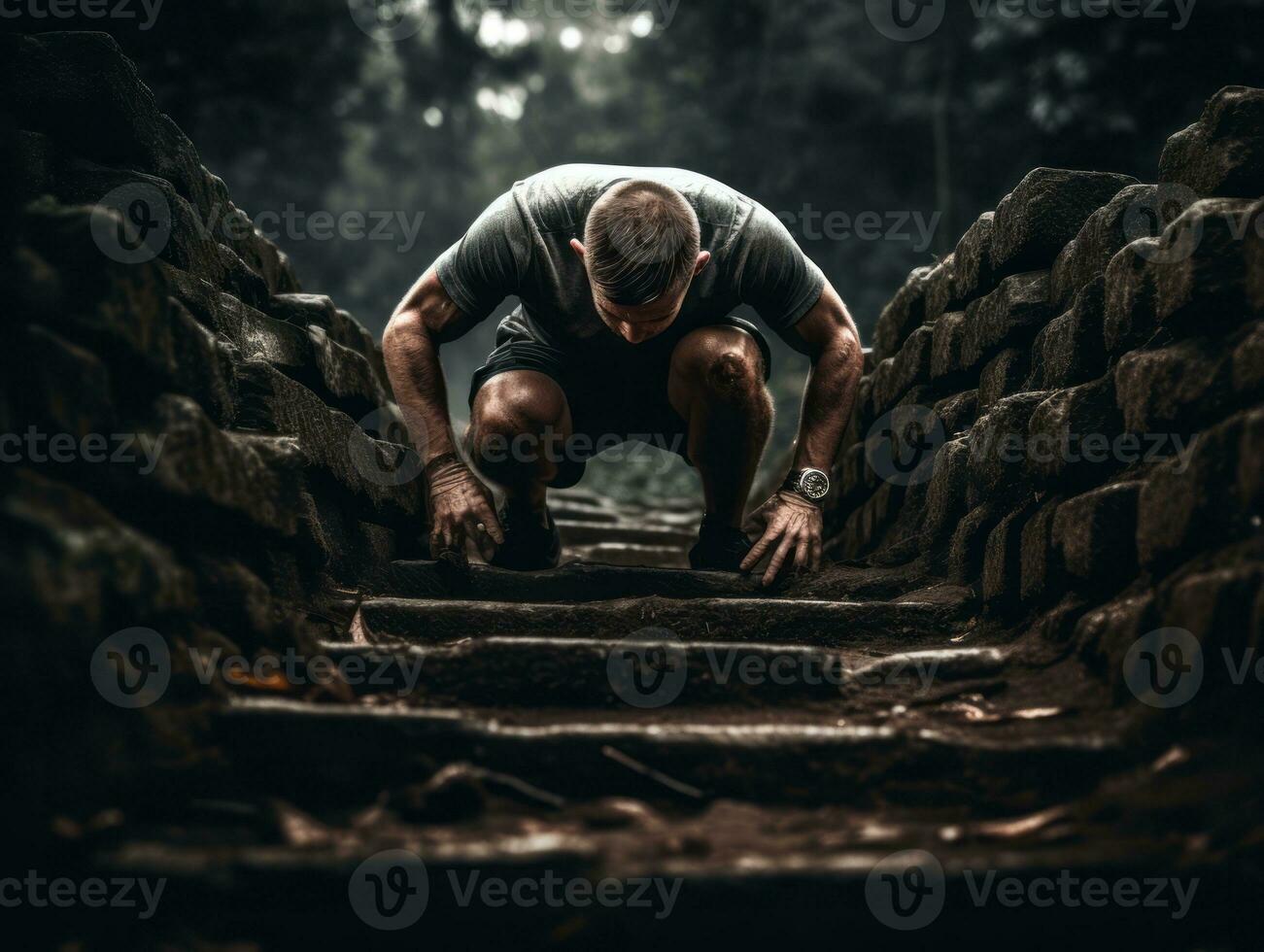 Determined man climbs a steep mountain trail AI Generative photo