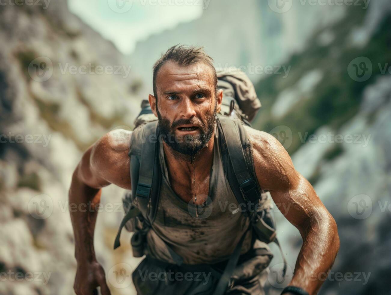 Determined man climbs a steep mountain trail AI Generative photo