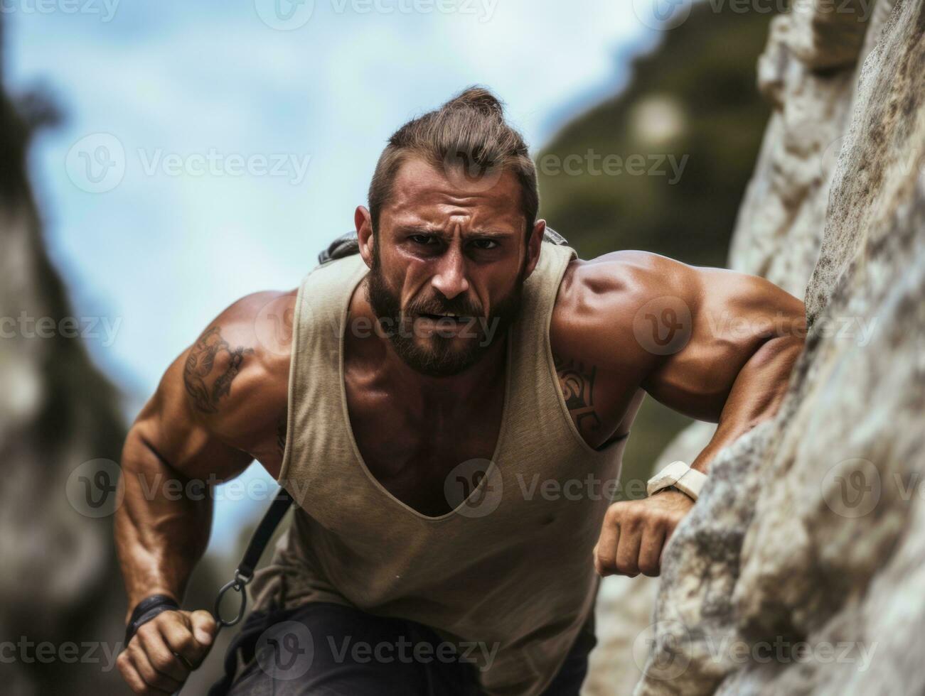 Determined man climbs a steep mountain trail AI Generative photo