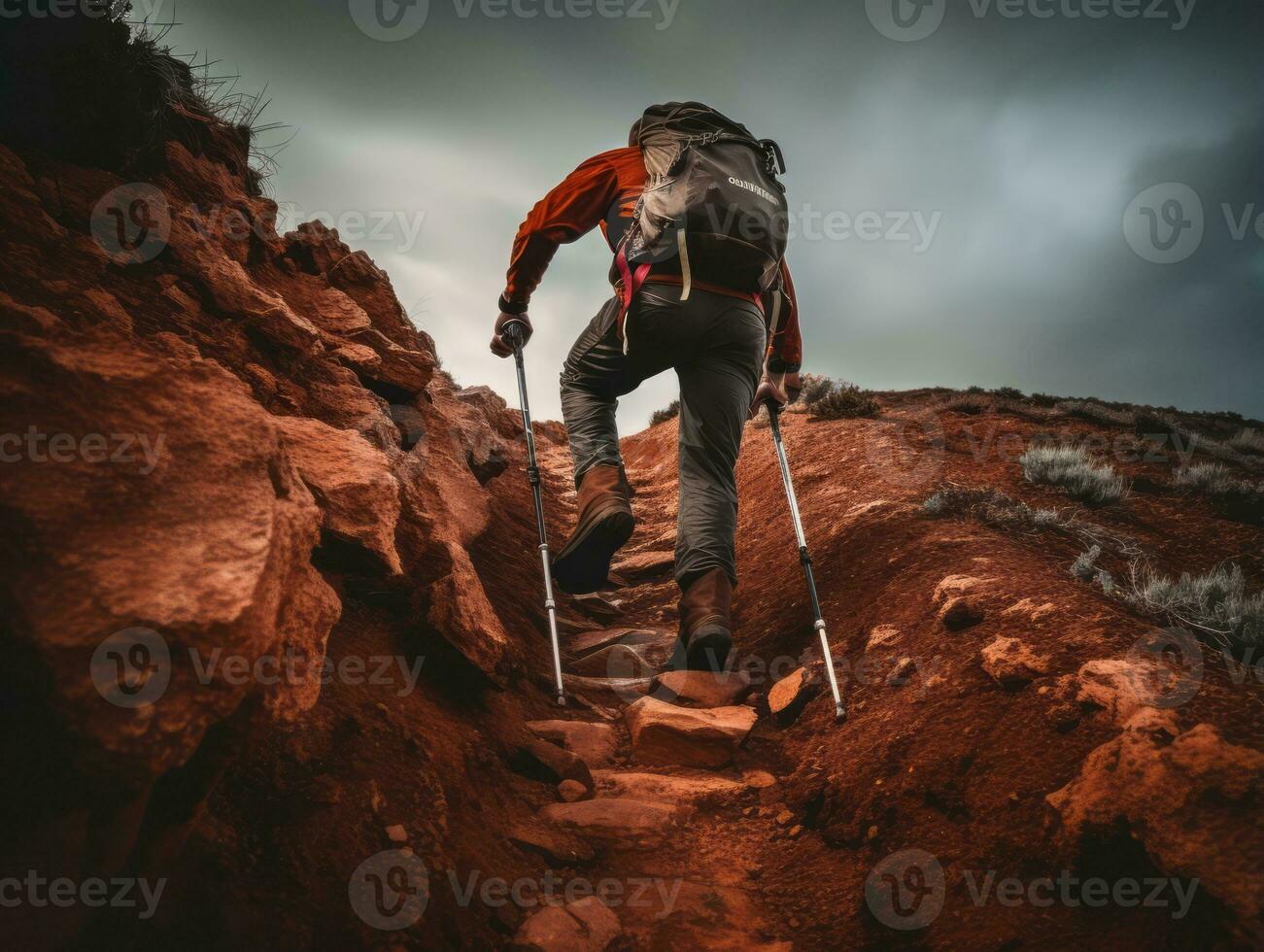 Determined man climbs a steep mountain trail AI Generative photo