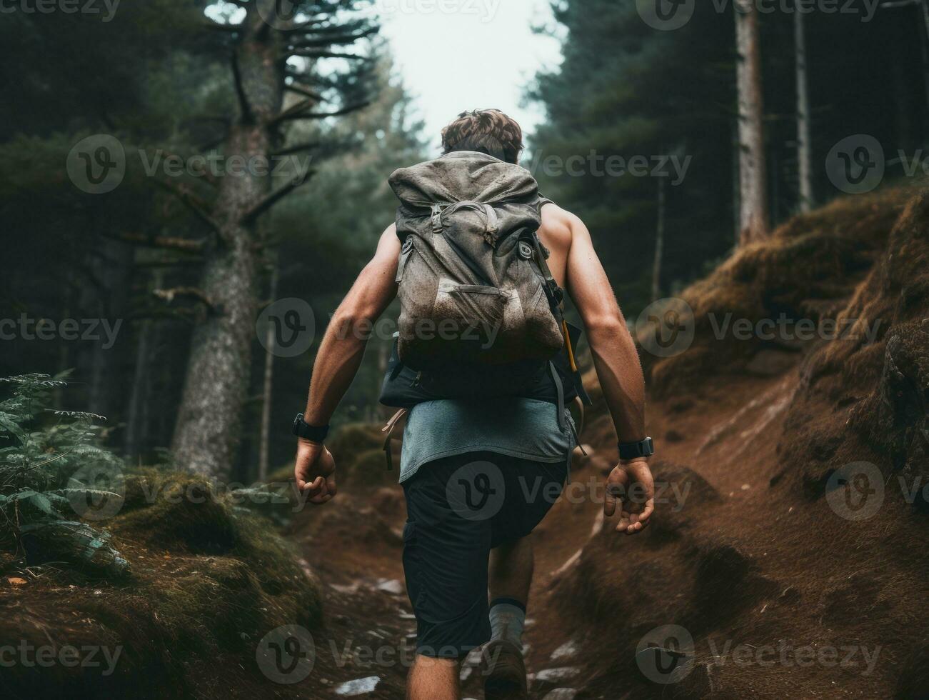 Determined man climbs a steep mountain trail AI Generative photo