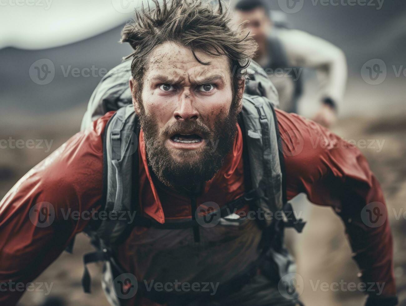 Determined man climbs a steep mountain trail AI Generative photo