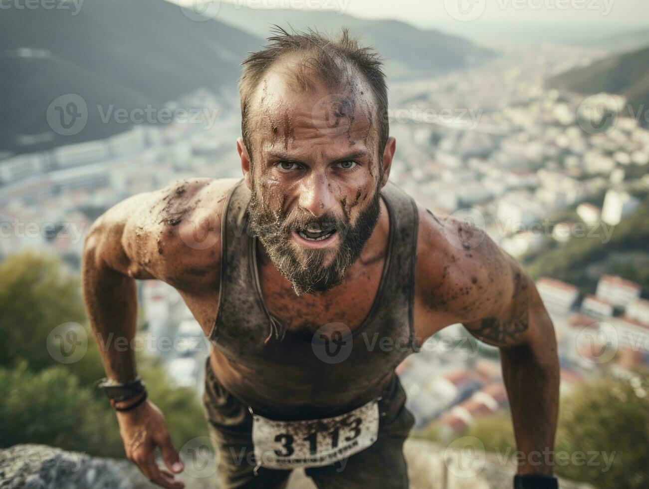 determinado hombre sube un escarpado montaña sendero ai generativo foto