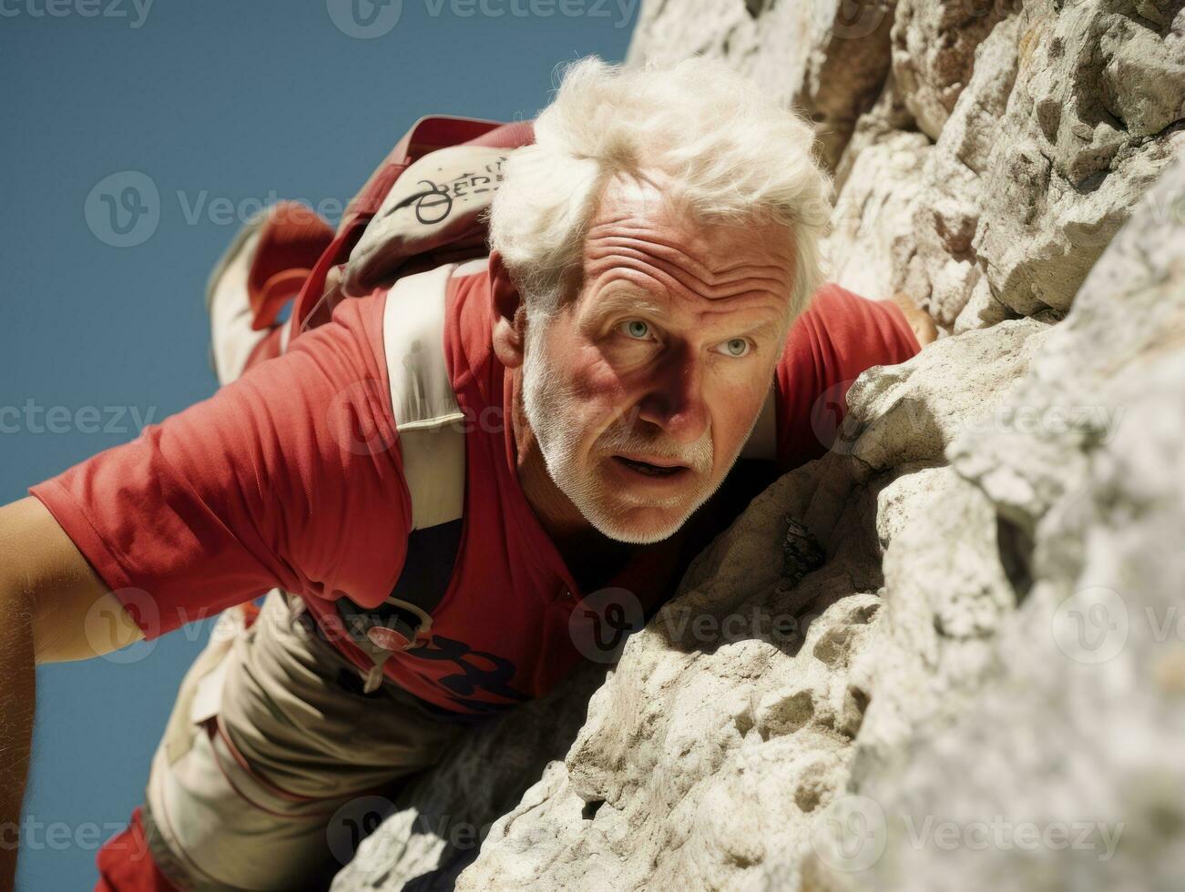 Determined man climbs a steep mountain trail AI Generative photo