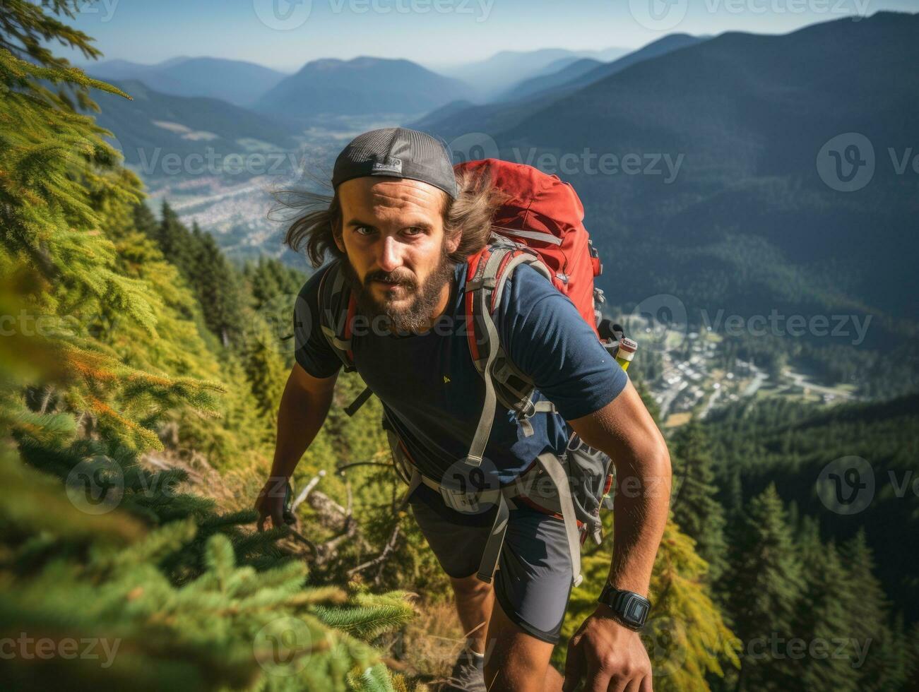 Determined man climbs a steep mountain trail AI Generative photo